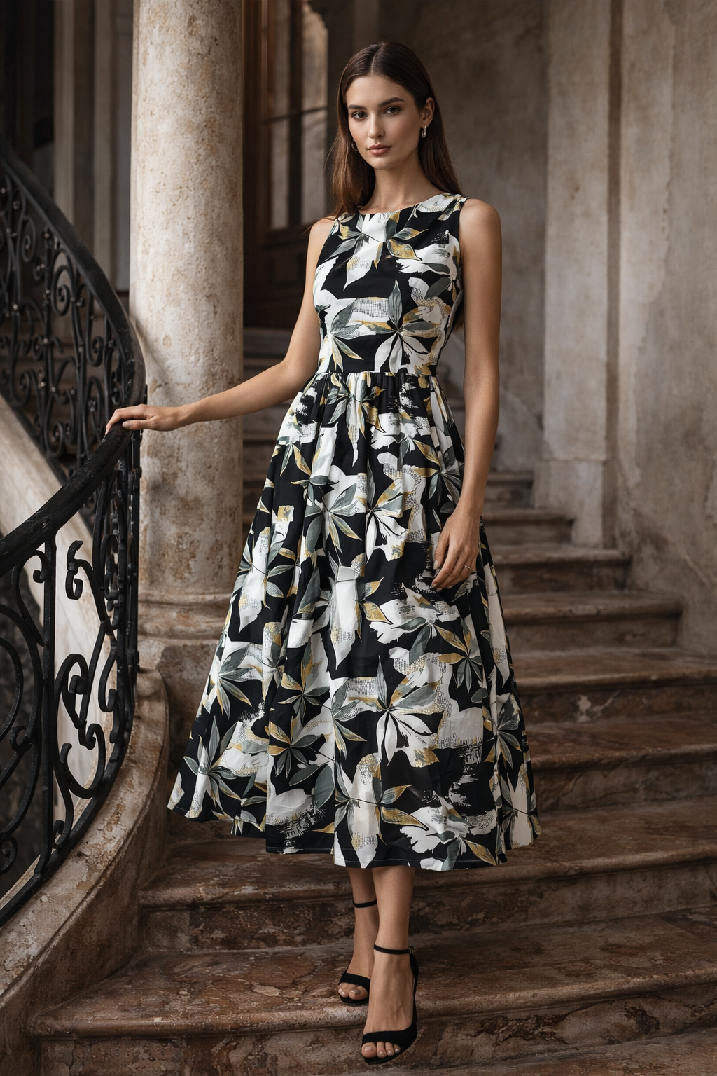 Delta Print Sleeveless Midi Dress | Floral Flared Dress | Zero+1