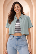 Women's Pastel Crop Shirt Two-Piece Set – Short Sleeve Twill Co-ord | Miss Kapachi