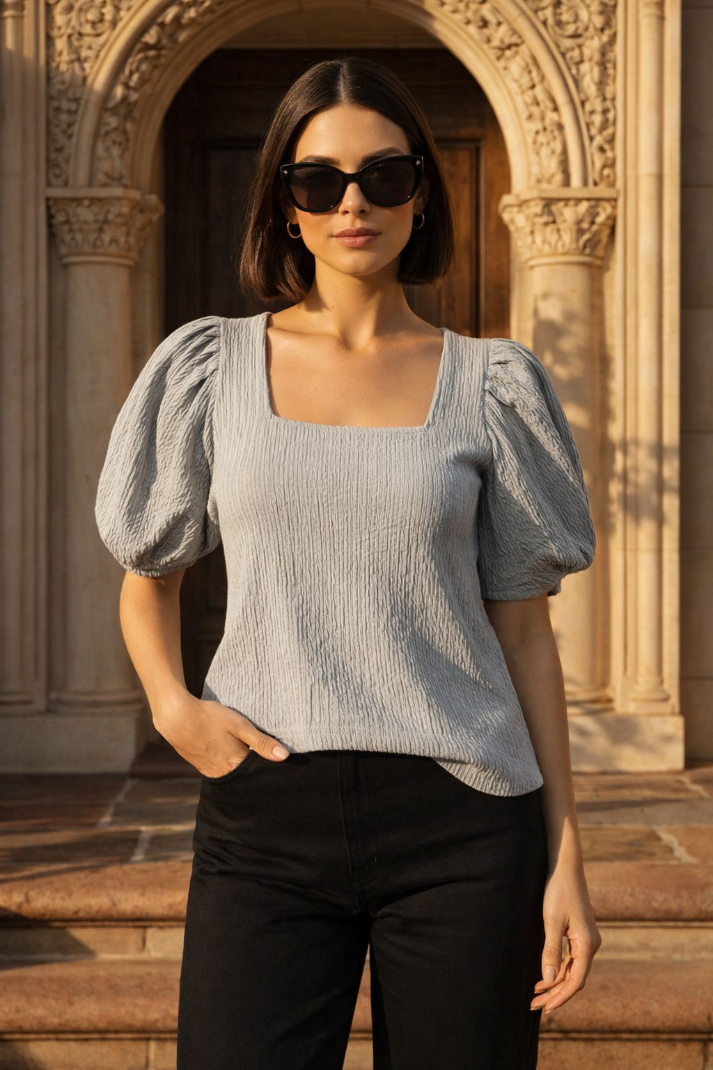 Wrinkle Knit Square Neck Puff Sleeve Top | Casual Ethnic Fusion Blouse  | Miss Kapachi