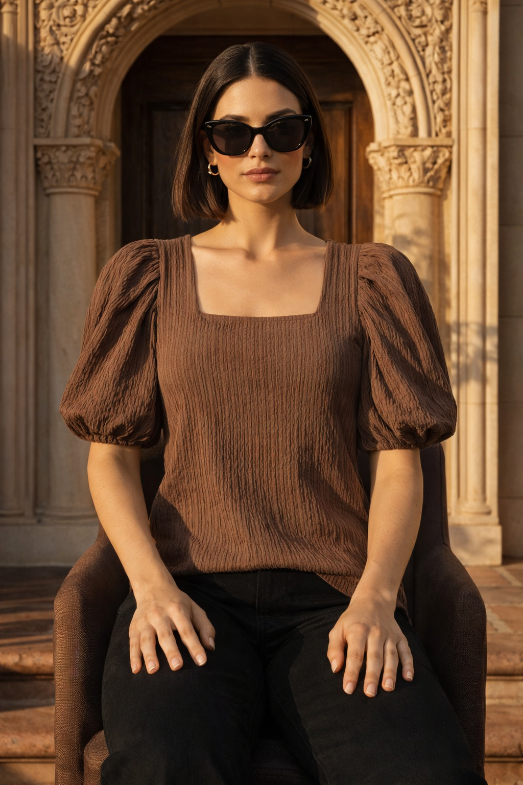Wrinkle Knit Square Neck Puff Sleeve Top | Casual Ethnic Fusion Blouse  | Miss Kapachi