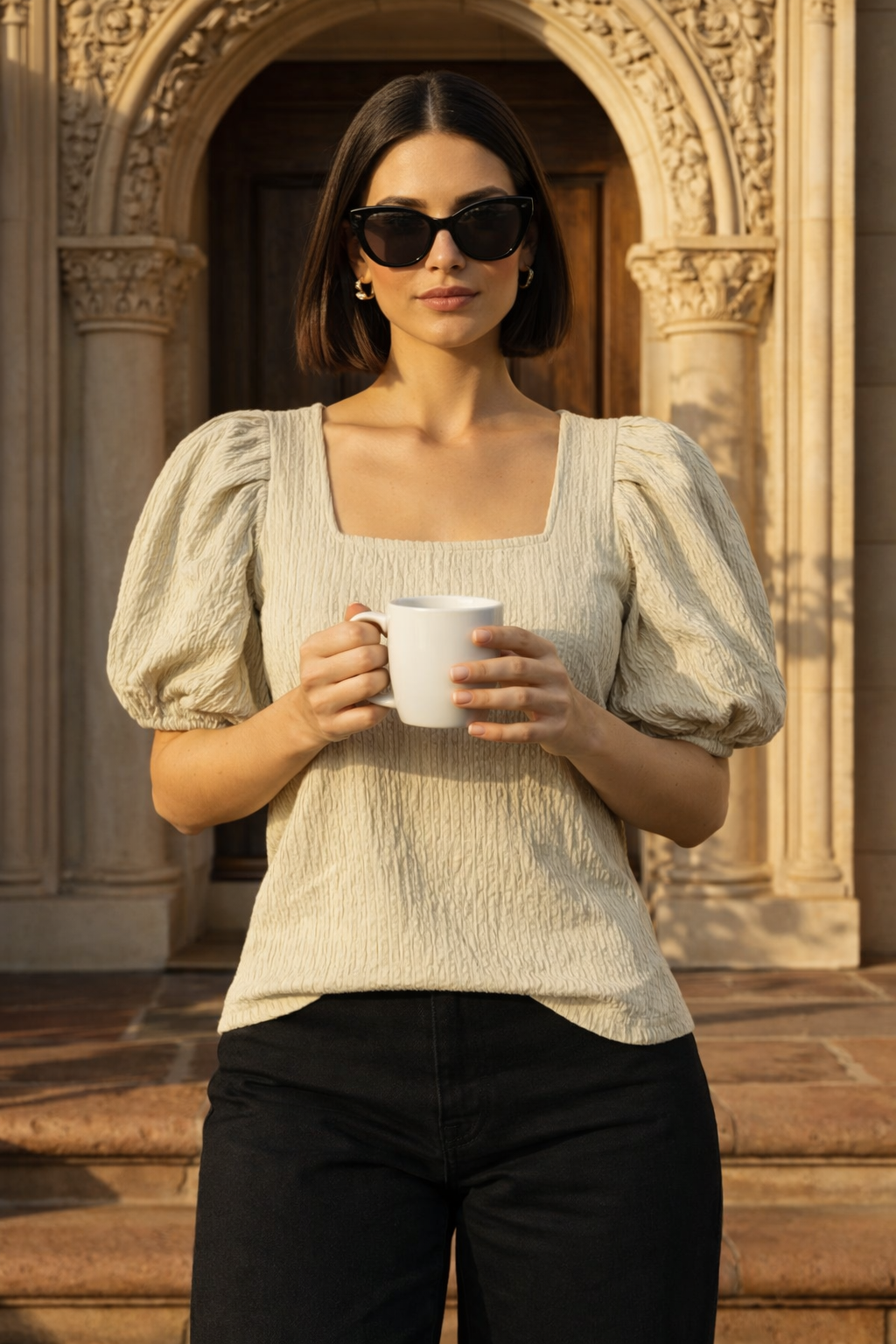 Wrinkle Knit Square Neck Puff Sleeve Top | Casual Ethnic Fusion Blouse  | Miss Kapachi