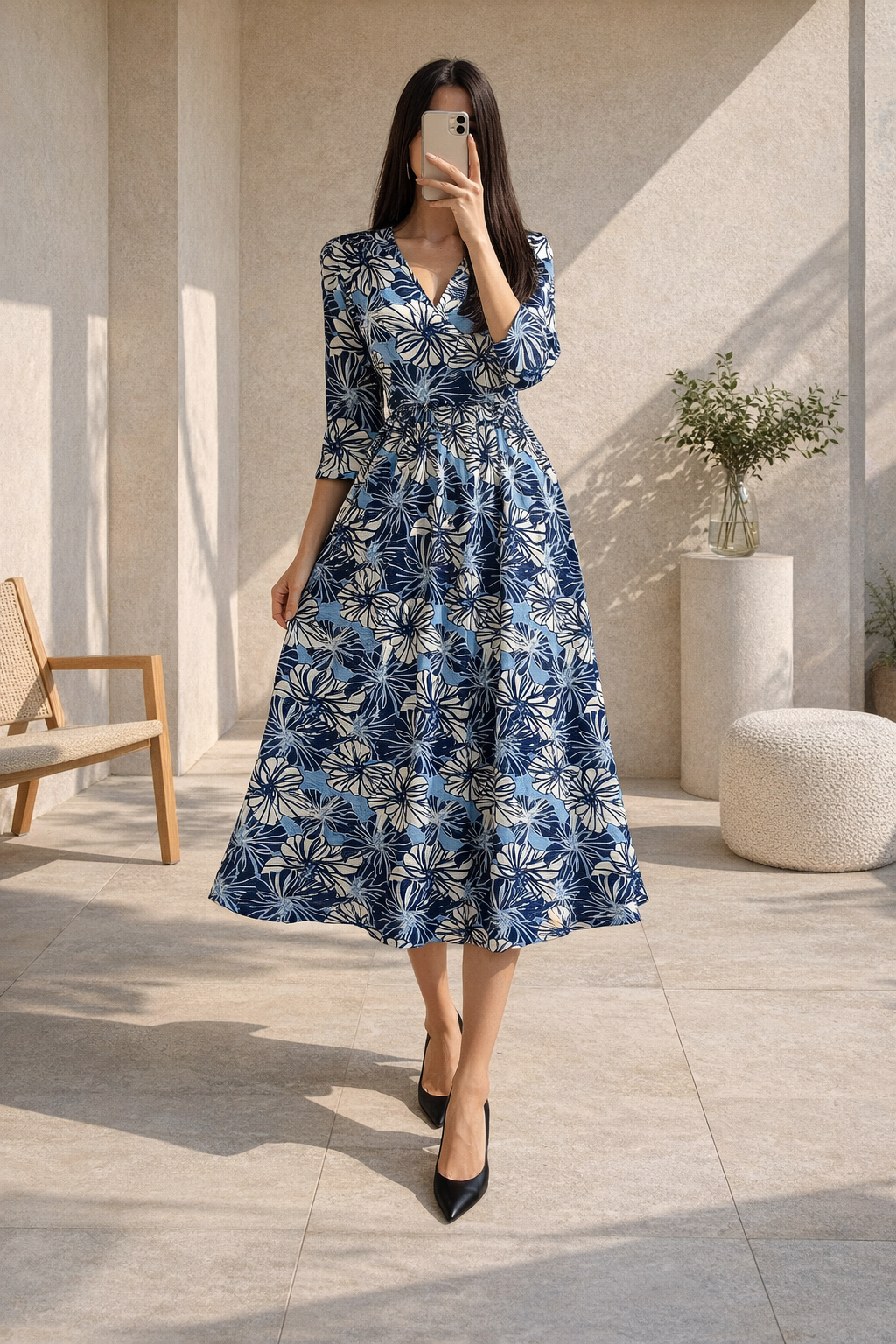Floral Print Rayon Midi Dress | V-Neck Flared Kurta Dress L | Miss Kapachi