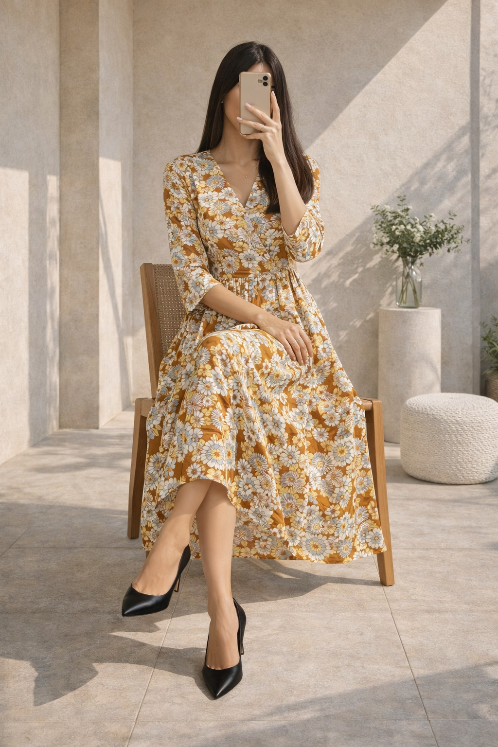 Floral Print Rayon Midi Dress | V-Neck Flared Kurta Dress L | Miss Kapachi