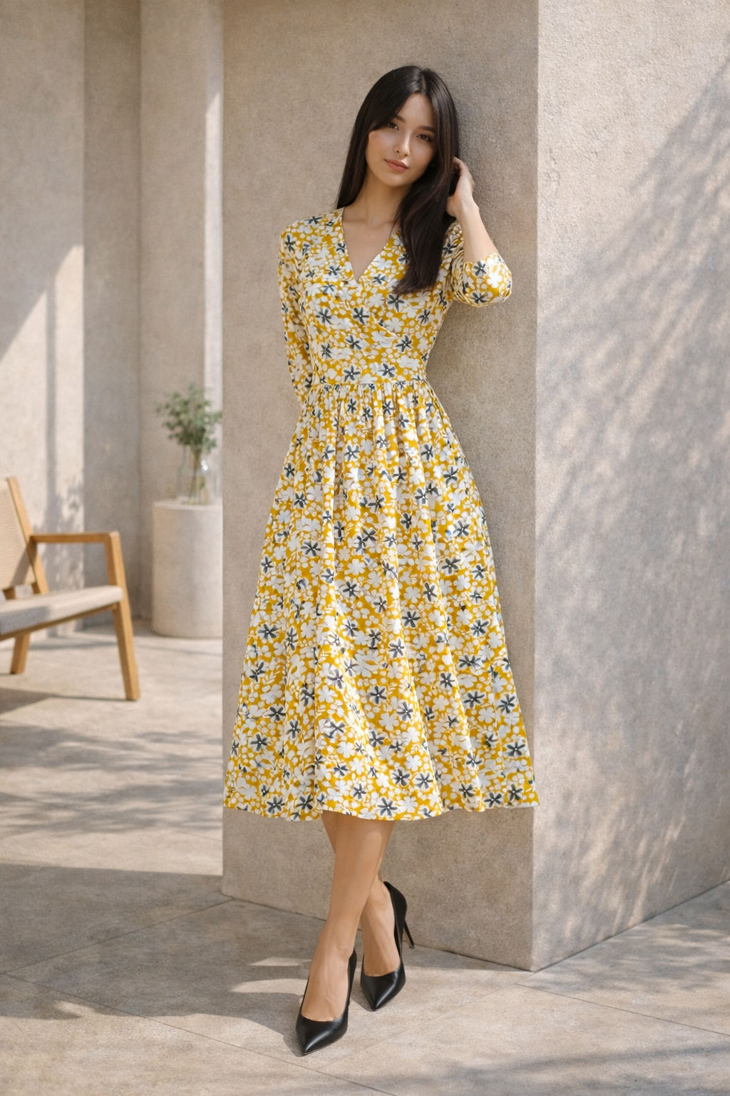 Floral Print Rayon Midi Dress | V-Neck Flared Kurta Dress L | Miss Kapachi