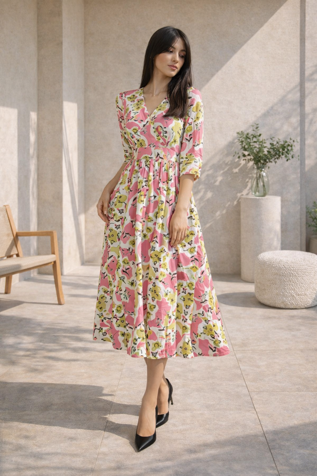 Floral Print Rayon Midi Dress | V-Neck Flared Kurta Dress L | Miss Kapachi