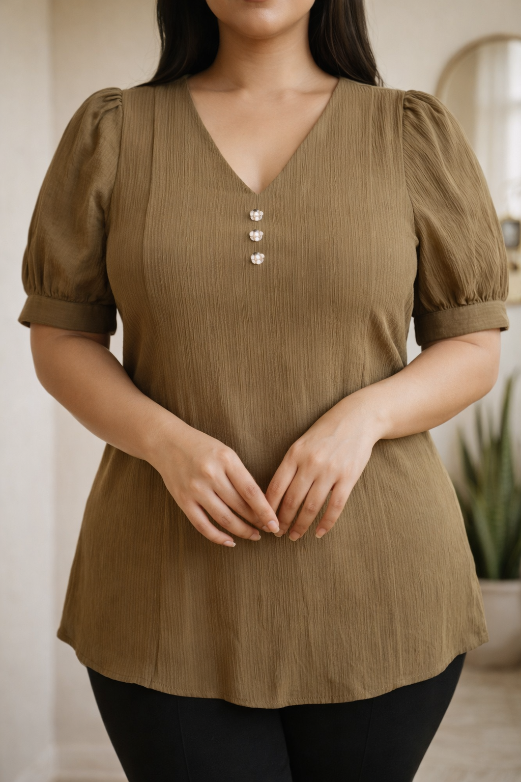 Women's Plus Size V-Neck Puff Sleeve Top – Imported Rolex Plain | Zero+1