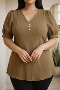 Women's Plus Size V-Neck Puff Sleeve Top – Imported Rolex Plain | Zero+1