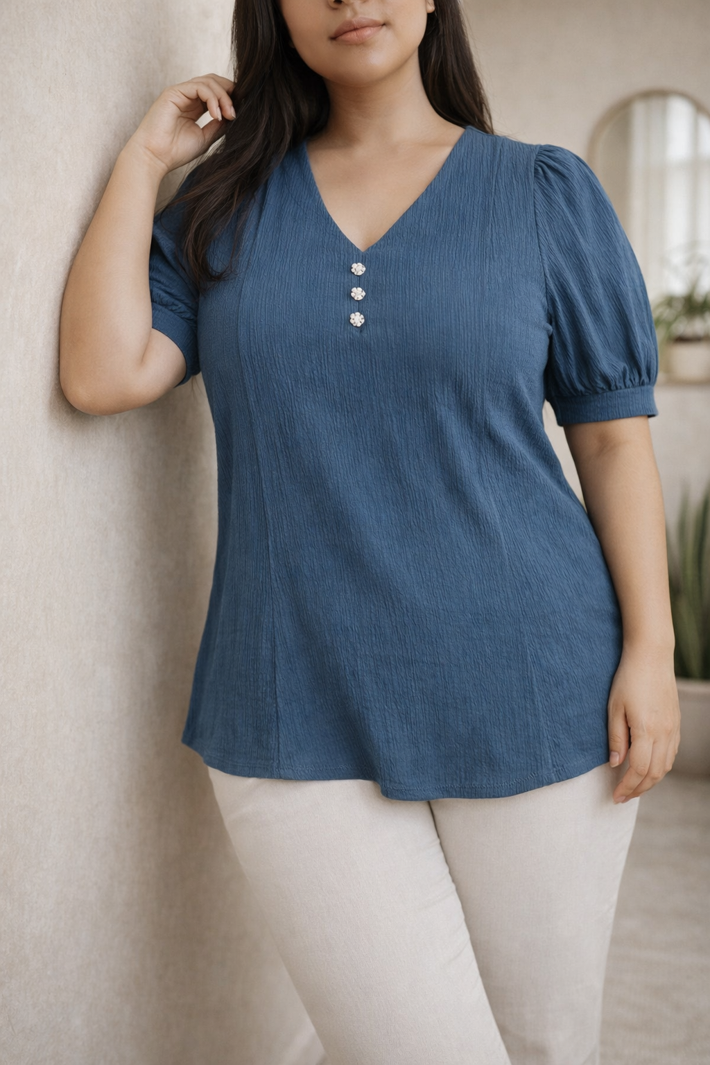 Women's Plus Size V-Neck Puff Sleeve Top – Imported Rolex Plain | Zero+1