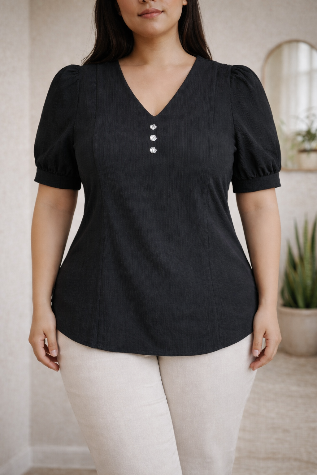Women's Plus Size V-Neck Puff Sleeve Top – Imported Rolex Plain | Zero+1