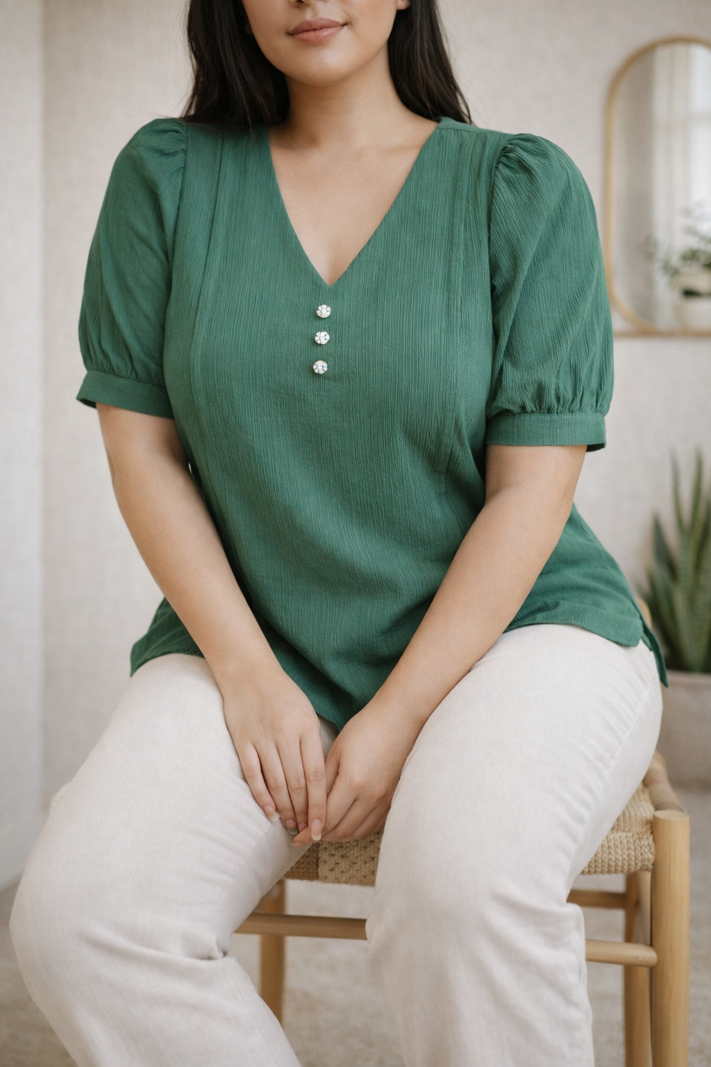 Women's Plus Size V-Neck Puff Sleeve Top – Imported Rolex Plain | Zero+1