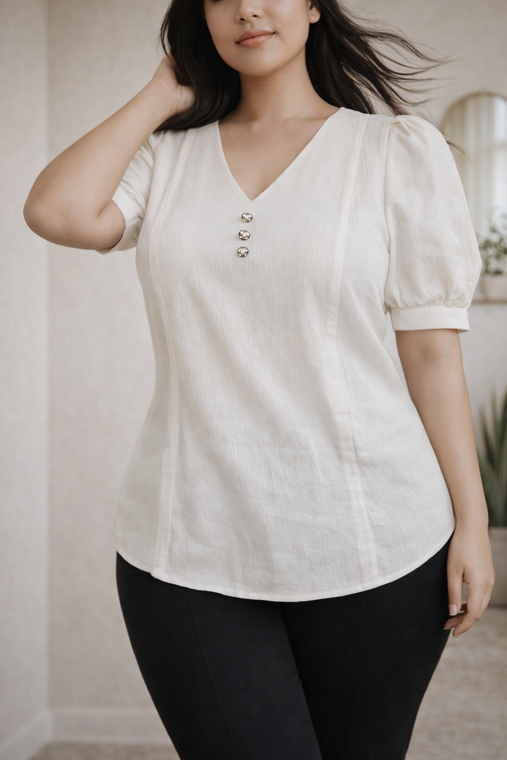 Women's Plus Size V-Neck Puff Sleeve Top – Imported Rolex Plain | Zero+1