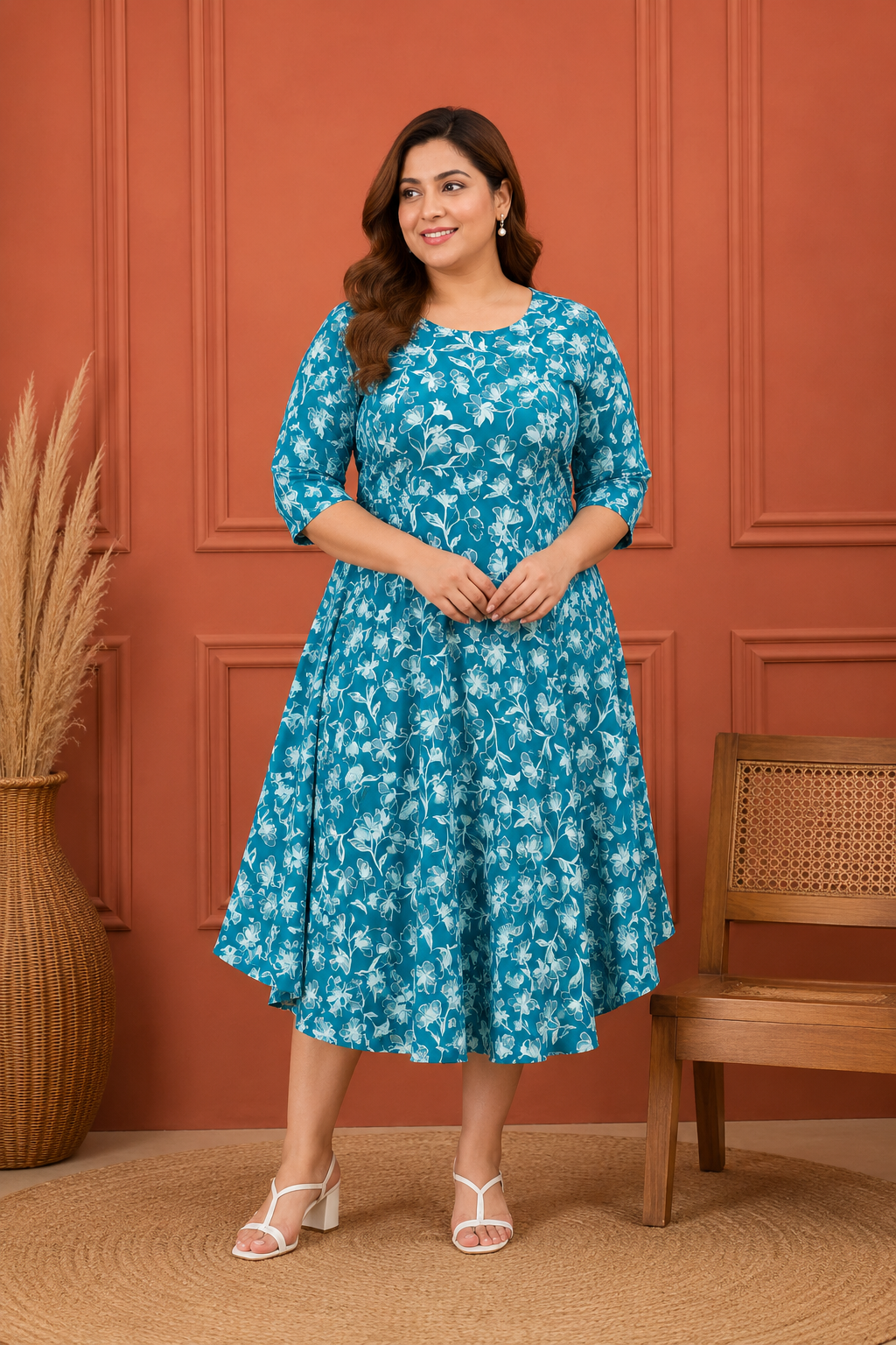 Floral Print Rayon Cotton Flare Dress | 3XL-4XL | Zero+1