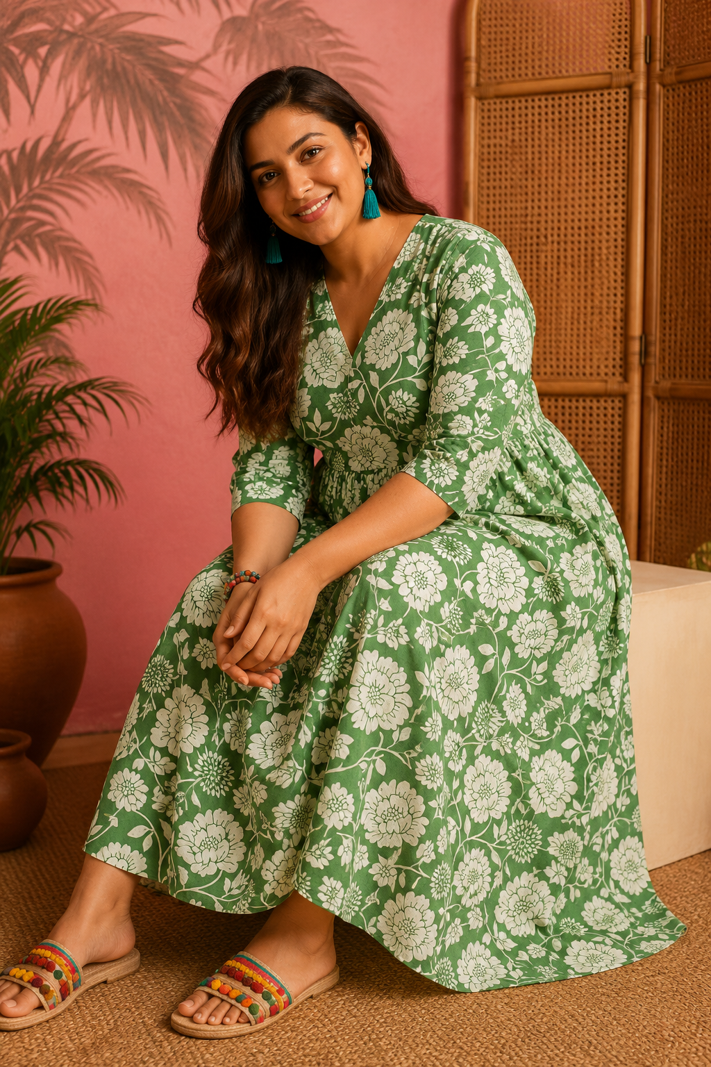 Floral Print Rayon Cotton Wrap Dress | 3XL-4XL | Zero+1