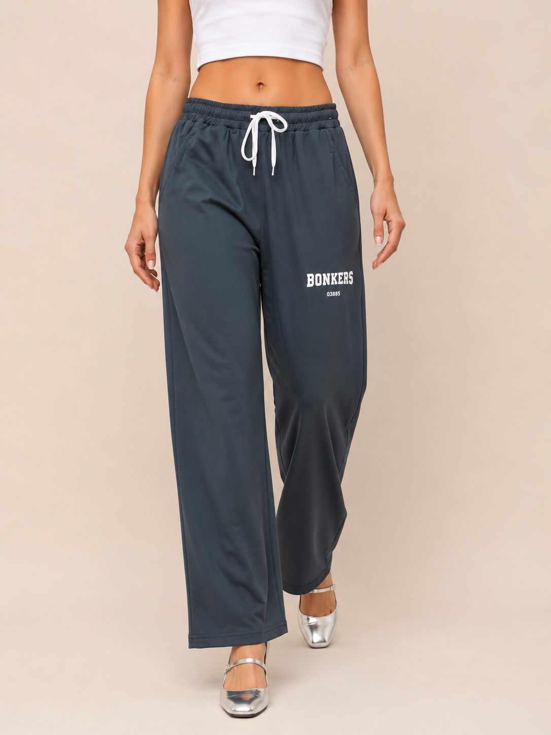 Bonkers Graphic Wide-Leg Track Pants | Olive Green Streetwear Trousers for Women | Miss Kapachi