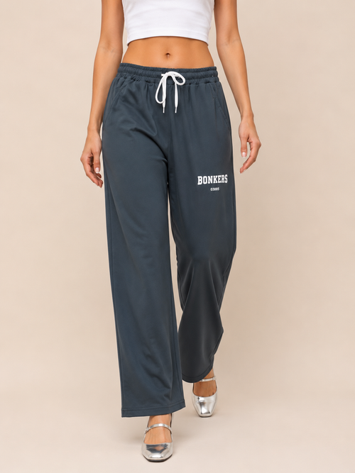 Bonkers Graphic Wide-Leg Track Pants | Olive Green Streetwear Trousers for Women | Miss Kapachi