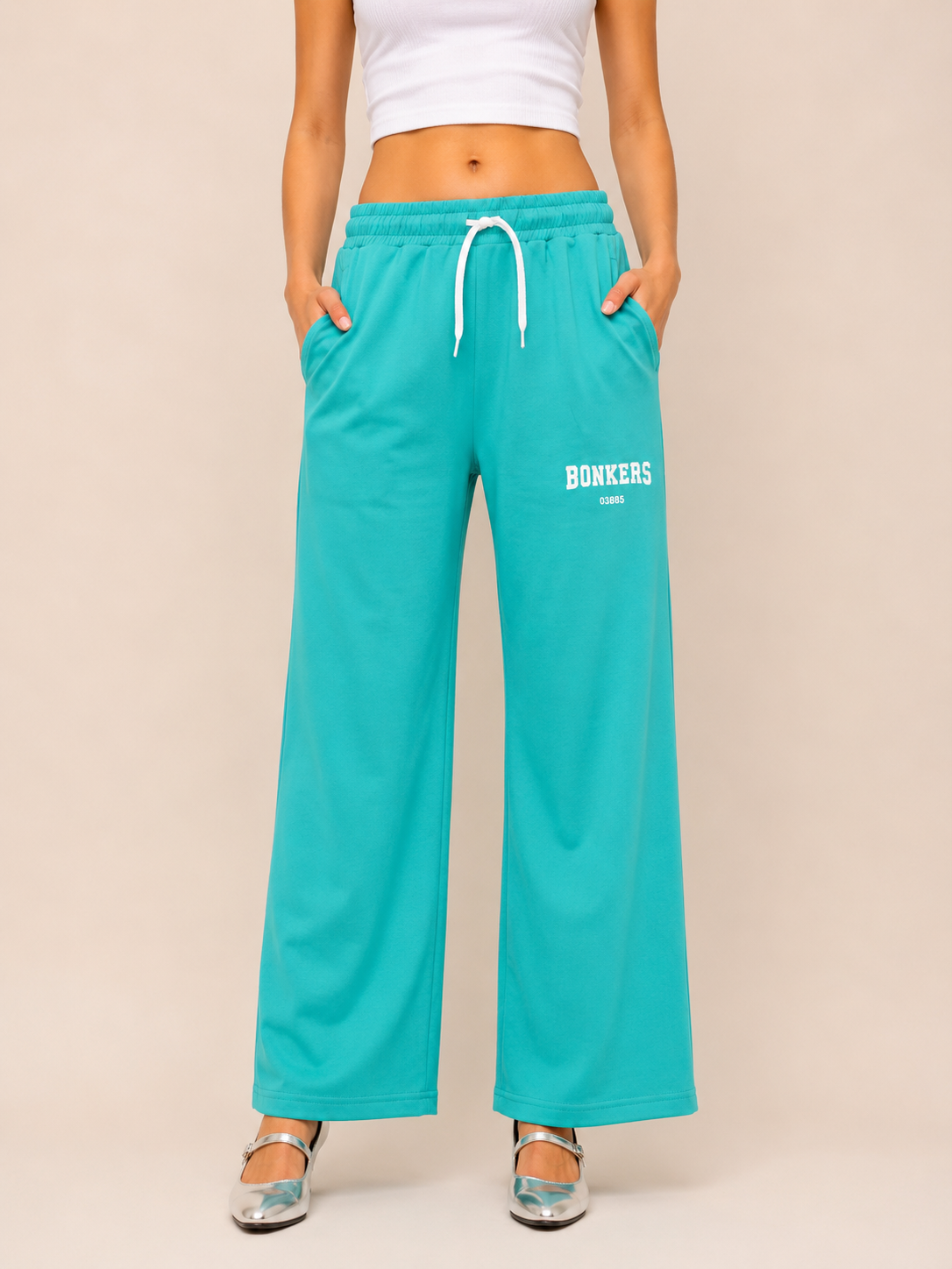 Bonkers Graphic Wide-Leg Track Pants | Olive Green Streetwear Trousers for Women | Miss Kapachi