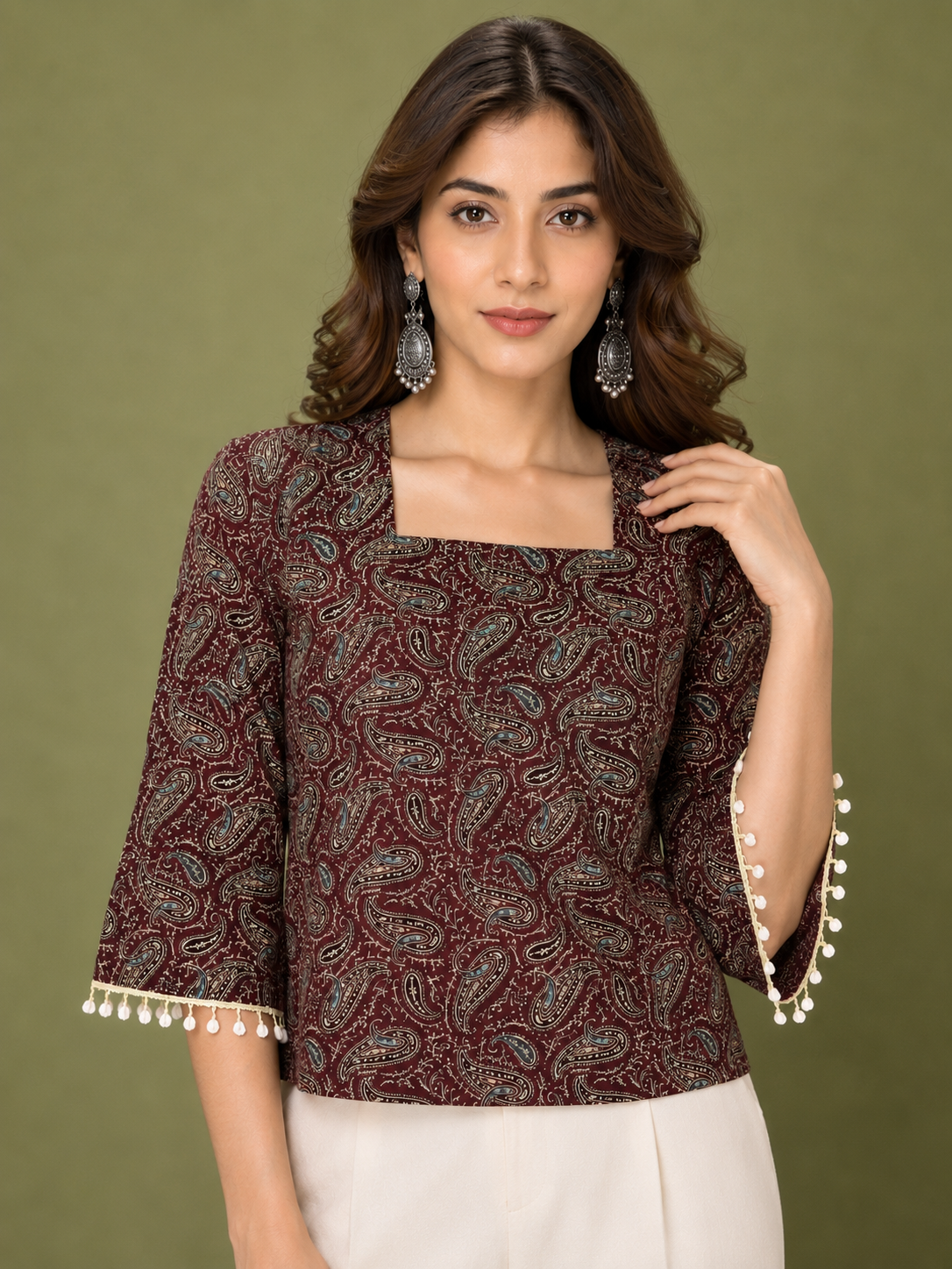 Paisley Print Bell Sleeve Top with Pom-Pom Cuffs | Women's Ethnic Fusion Wear | Miss Kapachi