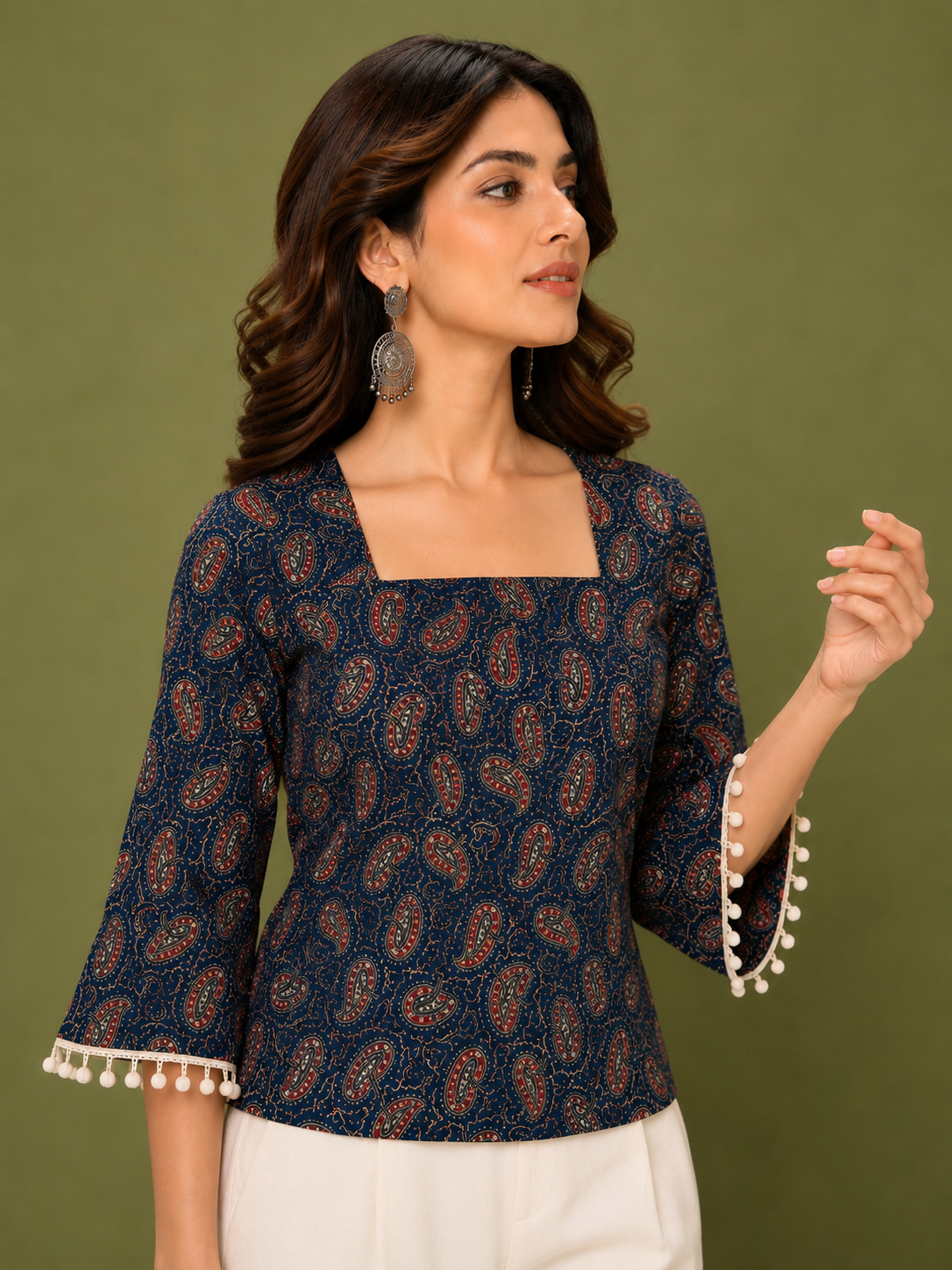 Paisley Print Bell Sleeve Top with Pom-Pom Cuffs | Women's Ethnic Fusion Wear | Miss Kapachi