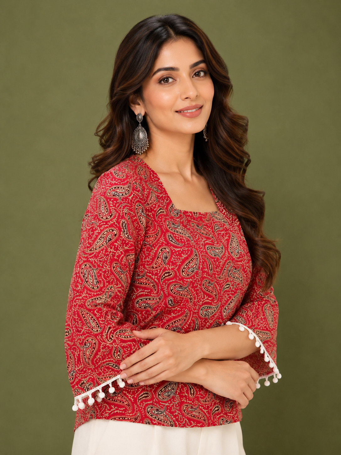 Paisley Print Bell Sleeve Top with Pom-Pom Cuffs | Women's Ethnic Fusion Wear | Miss Kapachi