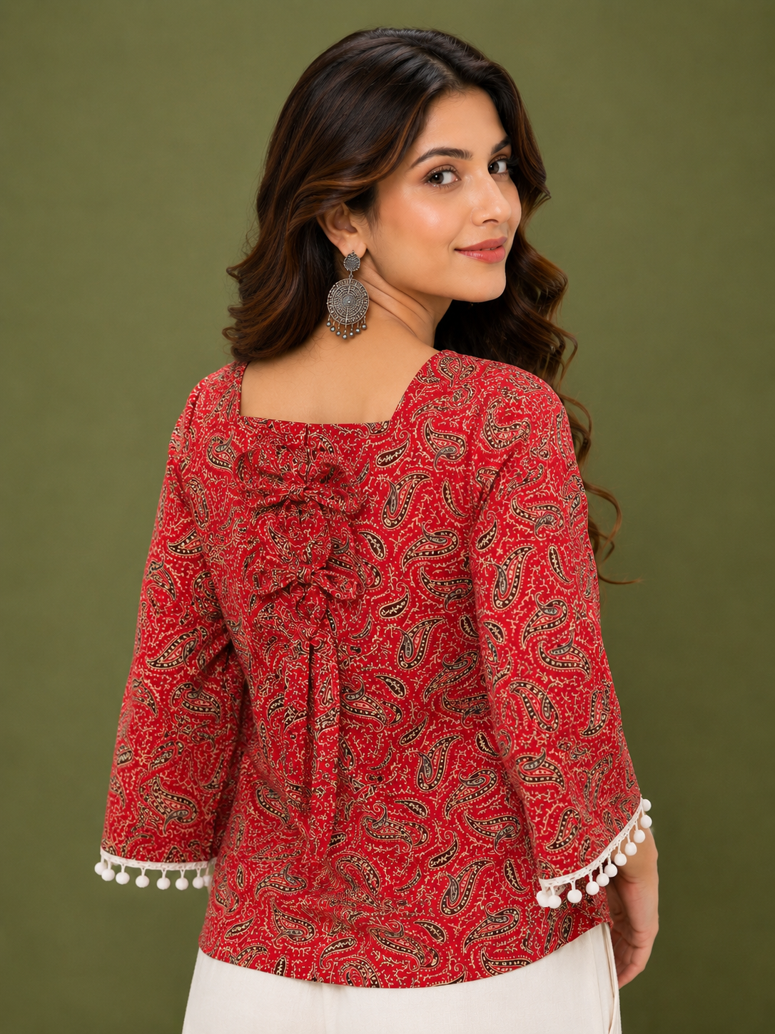 Paisley Print Bell Sleeve Top with Pom-Pom Cuffs | Women's Ethnic Fusion Wear | Miss Kapachi