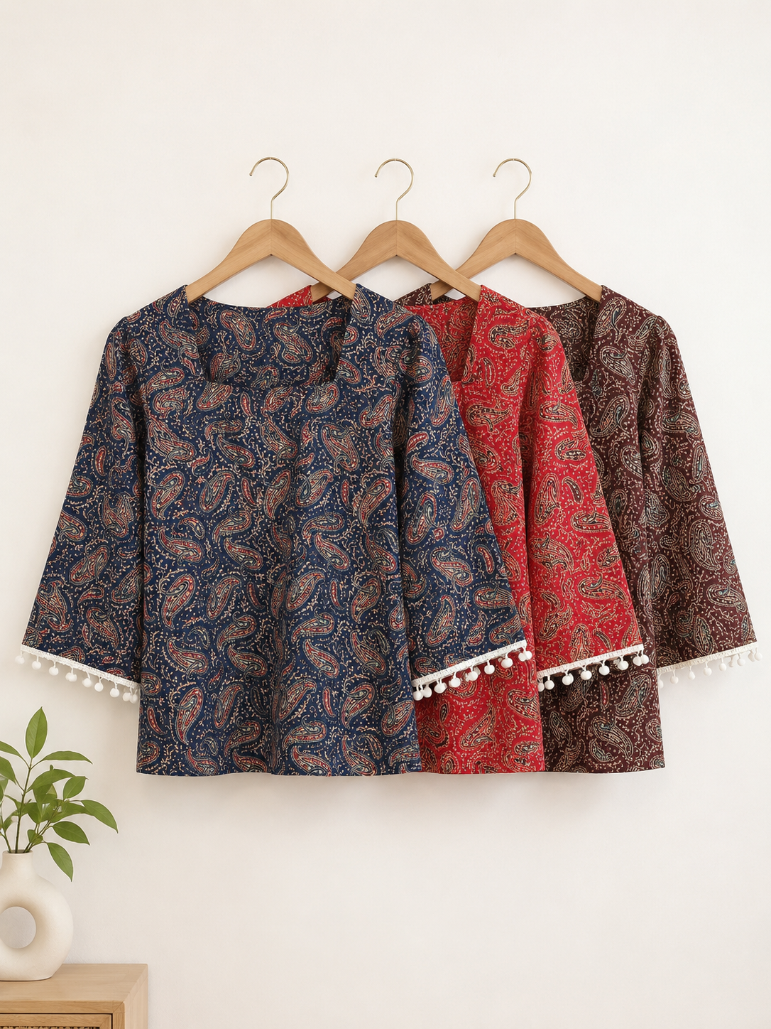 Paisley Print Bell Sleeve Top with Pom-Pom Cuffs | Women's Ethnic Fusion Wear | Miss Kapachi