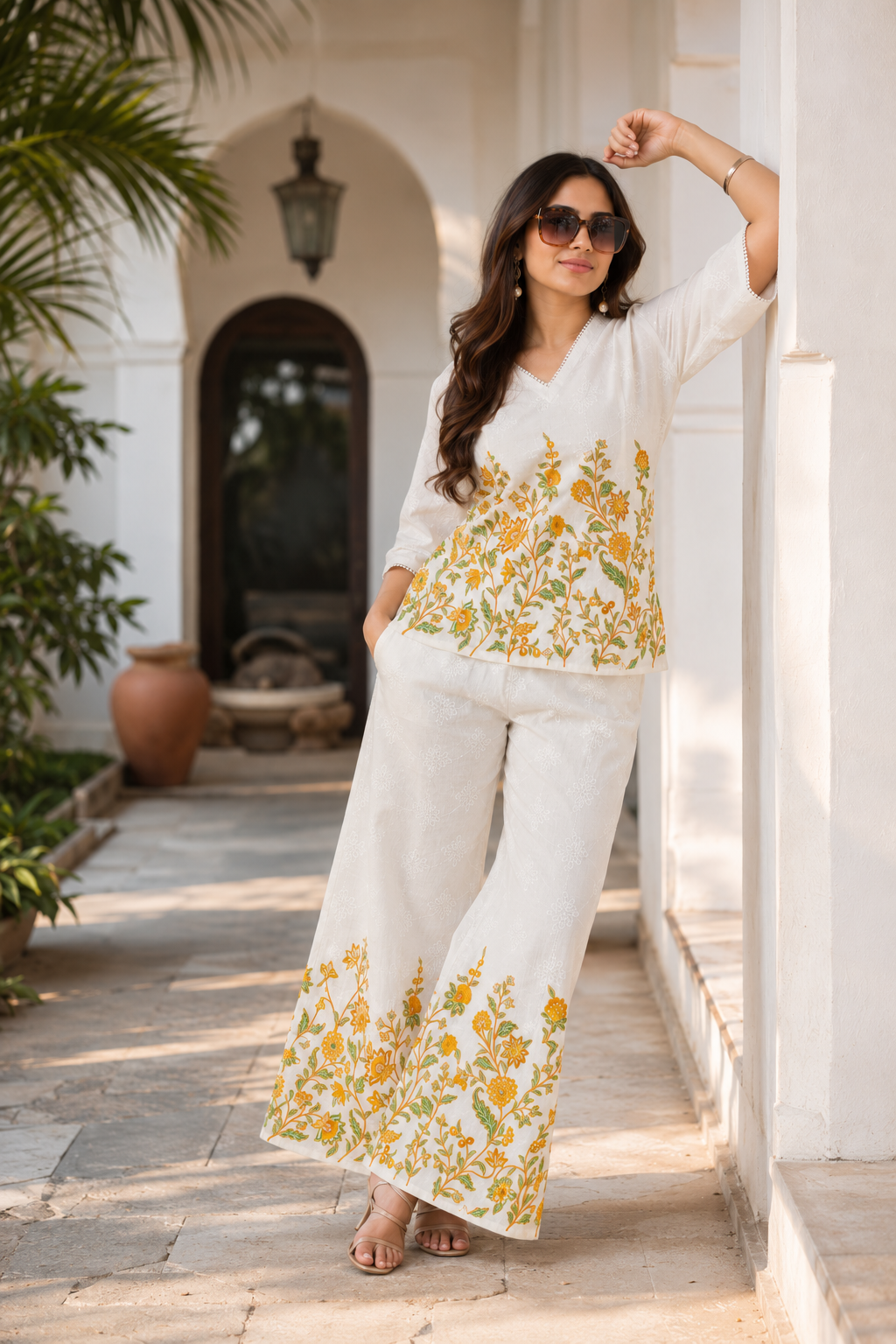 Floral Embroidered Co-Ord Set for Women | Chikankari Top & Palazzo Pants | Miss Kapachi