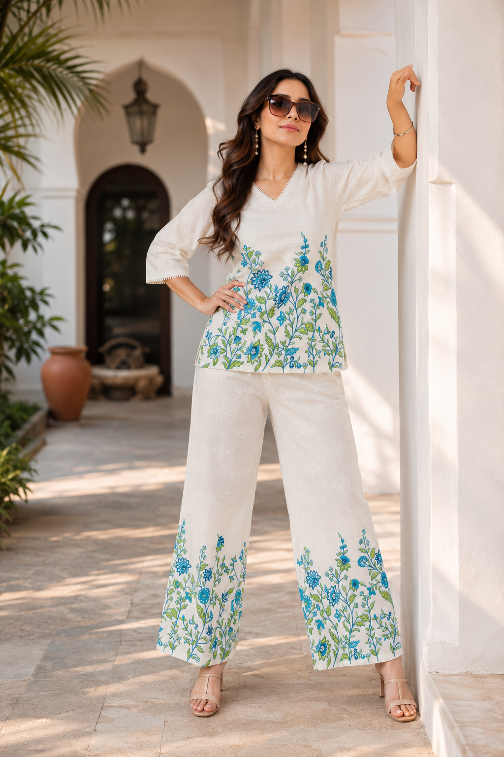 Floral Embroidered Co-Ord Set for Women | Chikankari Top & Palazzo Pants | Miss Kapachi