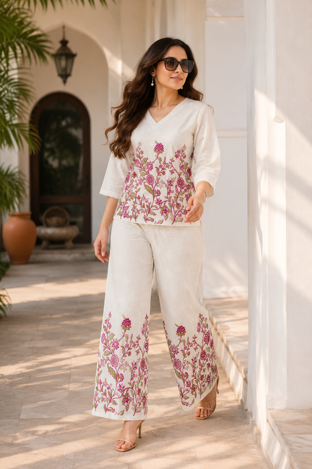 Floral Embroidered Co-Ord Set for Women | Chikankari Top & Palazzo Pants | Miss Kapachi