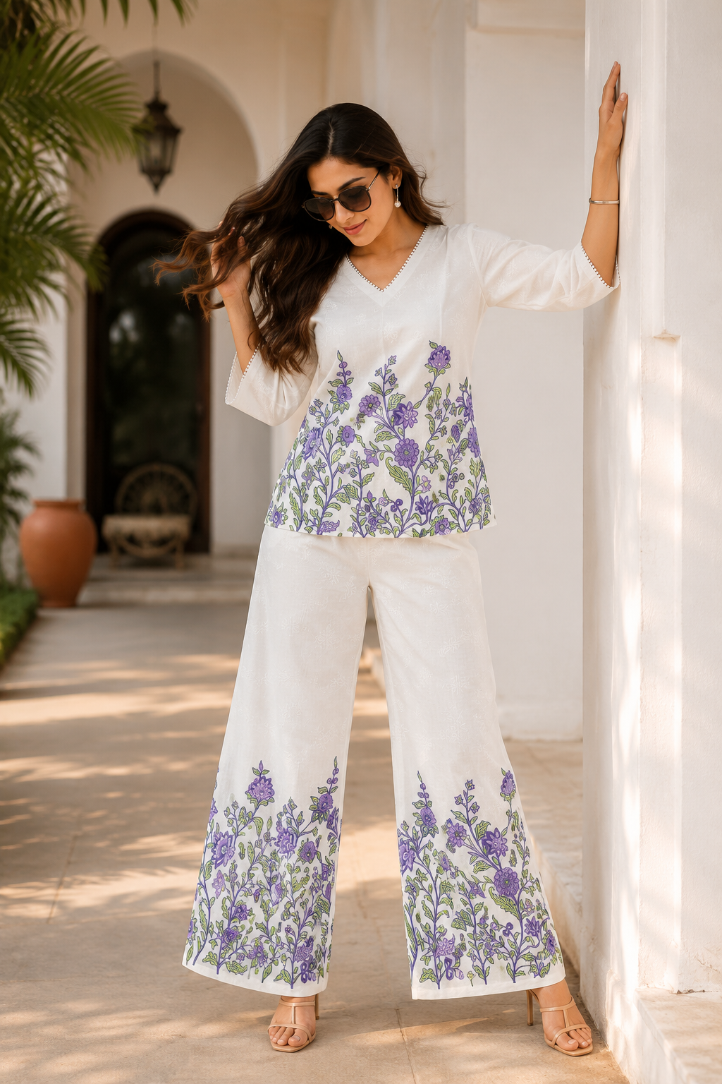Floral Embroidered Co-Ord Set for Women | Chikankari Top & Palazzo Pants | Miss Kapachi