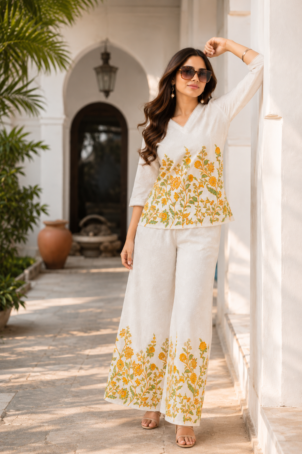 Floral Embroidered Co-Ord Set for Women | Chikankari Top & Palazzo Pants | Miss Kapachi