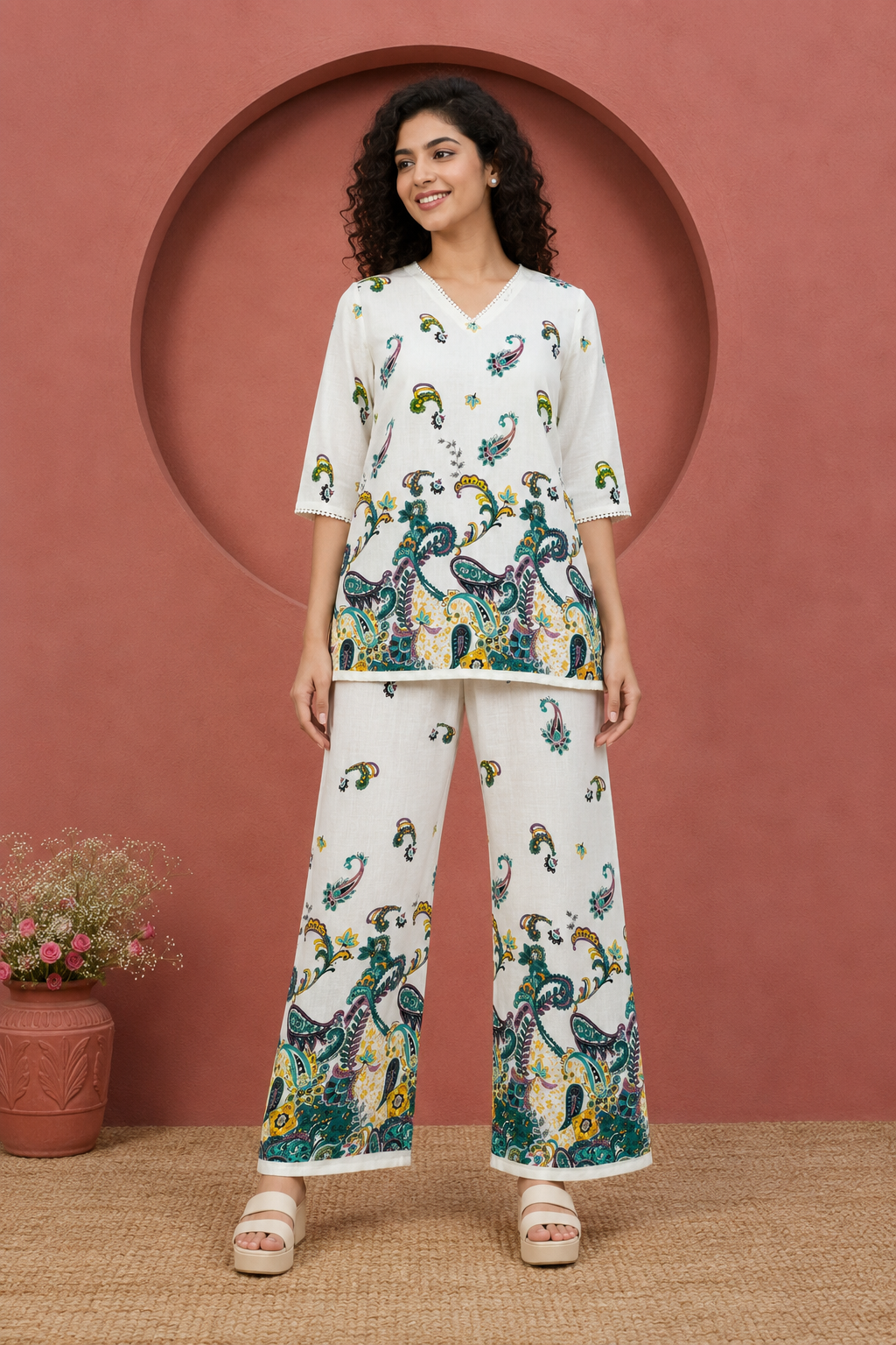 Floral Embroidered Co-Ord Set for Women | Chikankari Top & Palazzo Pants | Miss Kapachi