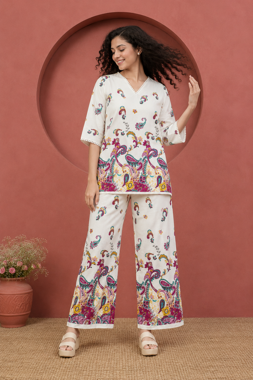 Floral Embroidered Co-Ord Set for Women | Chikankari Top & Palazzo Pants | Miss Kapachi