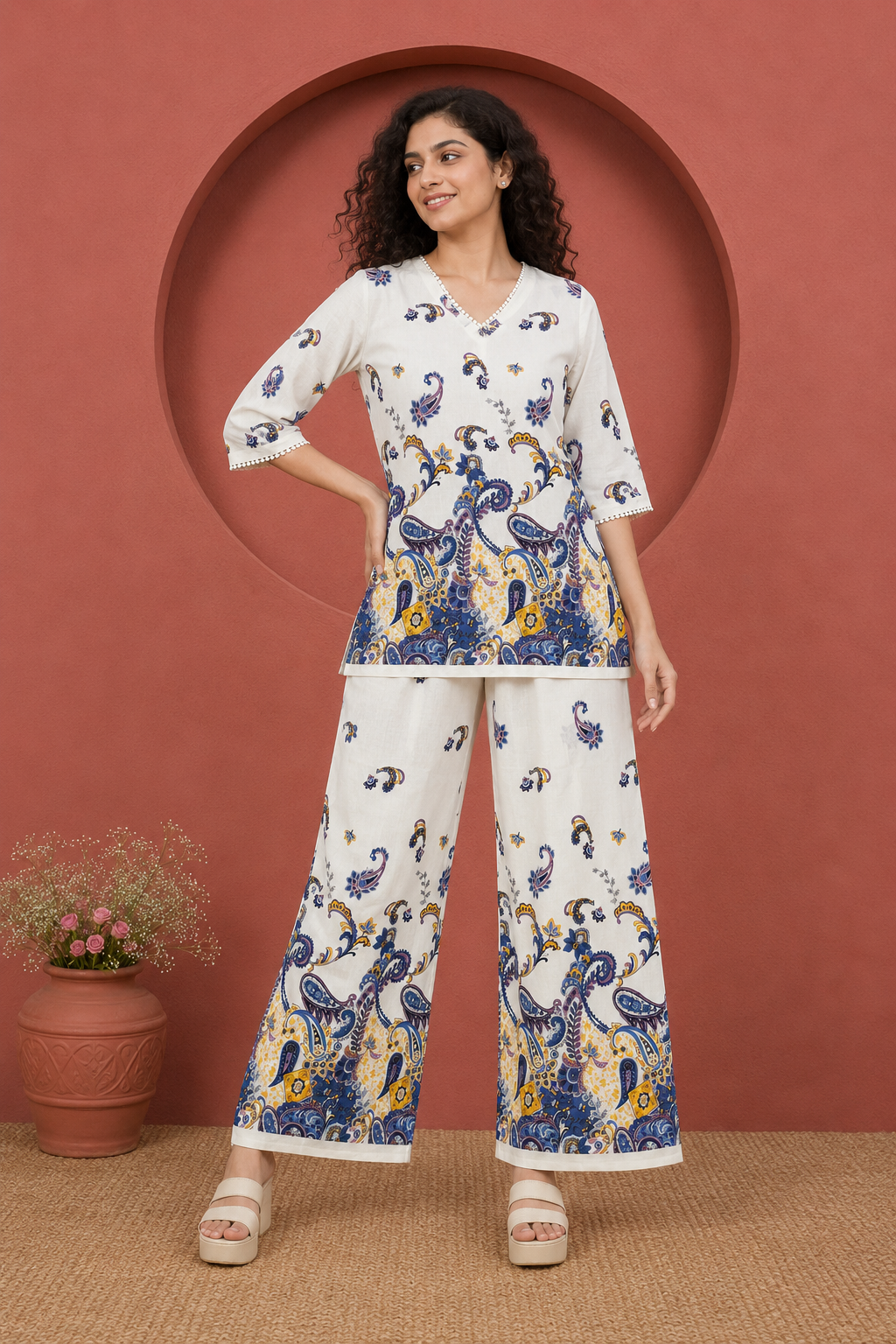 Floral Embroidered Co-Ord Set for Women | Chikankari Top & Palazzo Pants | Miss Kapachi