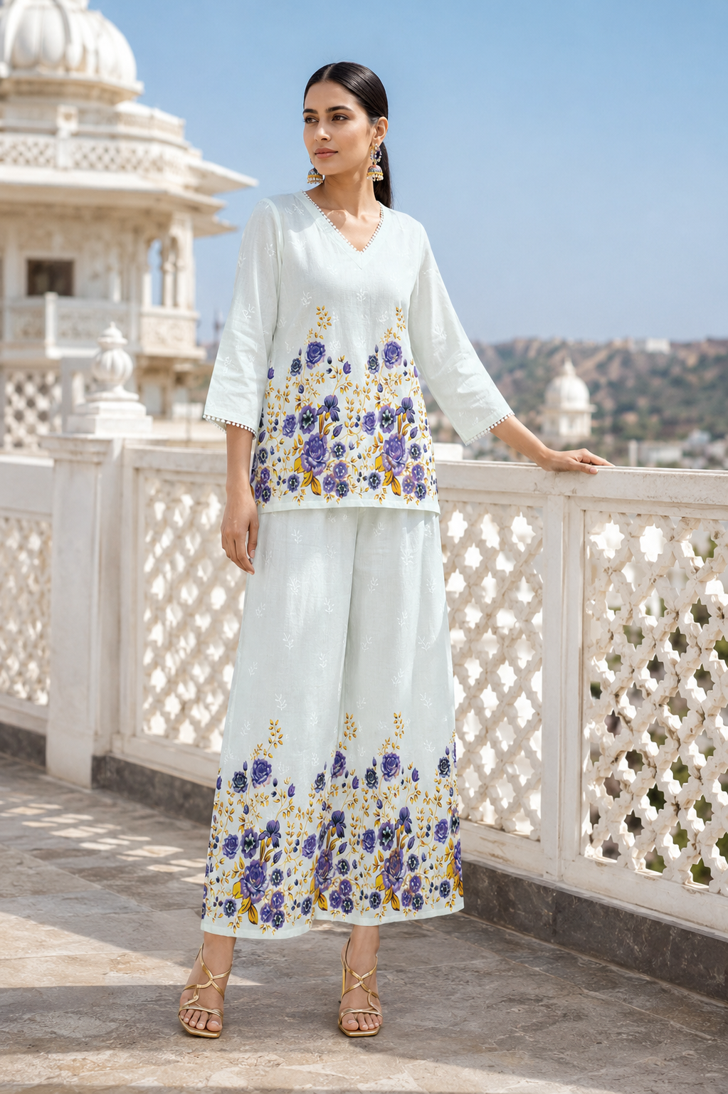 Floral Embroidered Co-Ord Set for Women | Chikankari Top & Palazzo Pants | Miss Kapachi