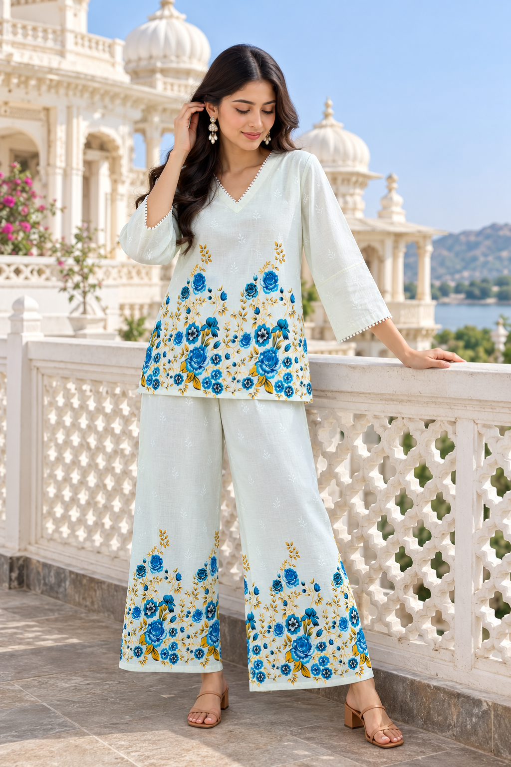 Floral Embroidered Co-Ord Set for Women | Chikankari Top & Palazzo Pants | Miss Kapachi