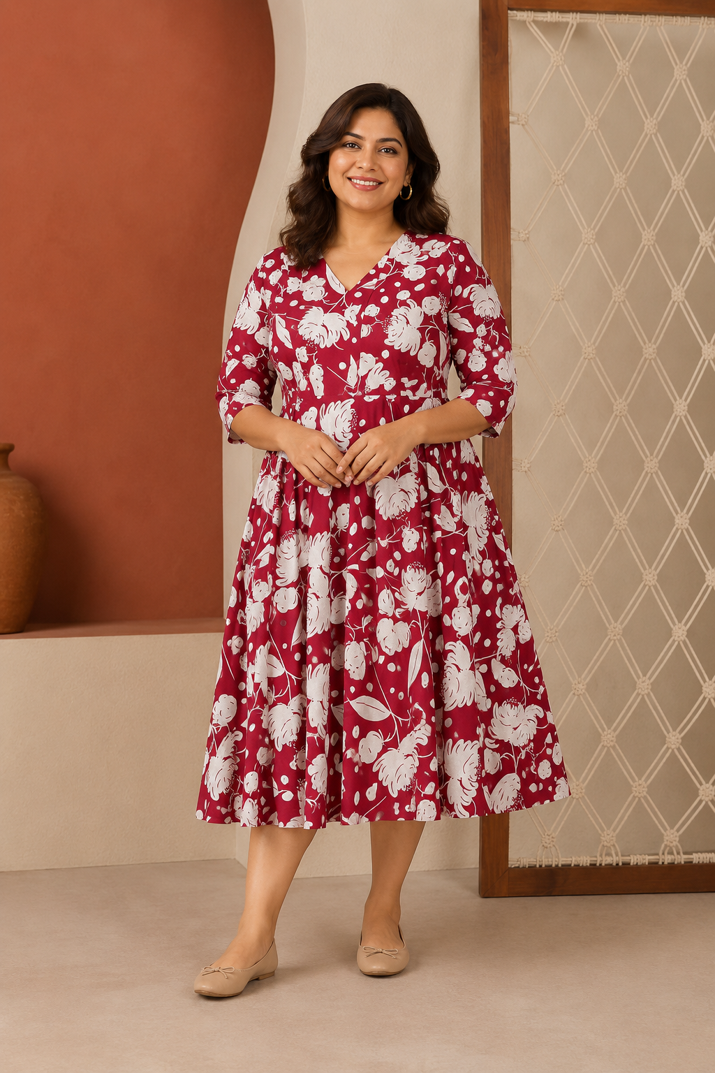 Red Floral Print Flared Kurti Dress | Women's Ethnic Wear | Zero+1