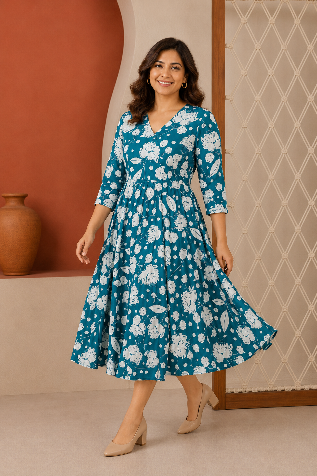Red Floral Print Flared Kurti Dress | Women's Ethnic Wear | Zero+1
