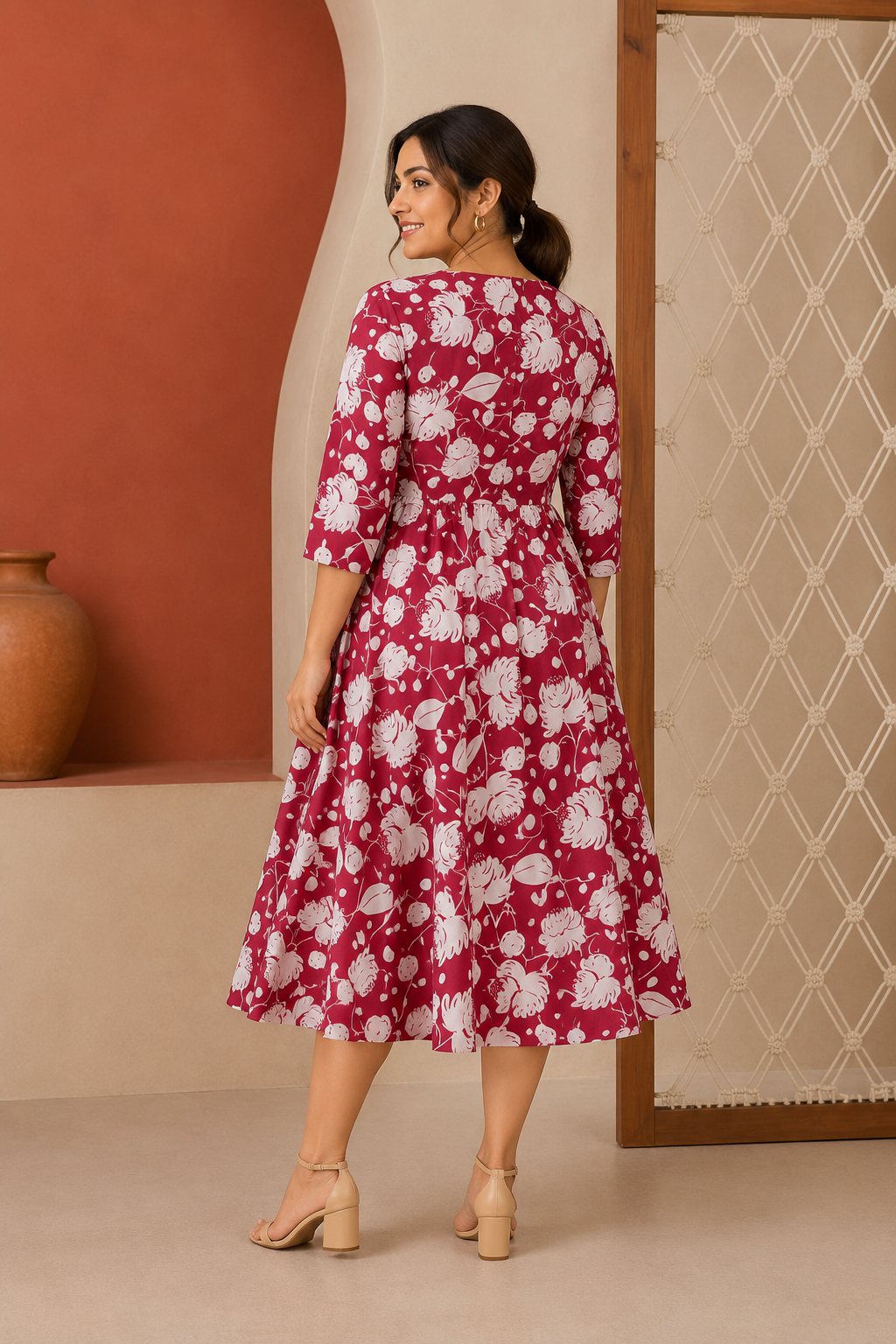 Red Floral Print Flared Kurti Dress | Women's Ethnic Wear | Zero+1