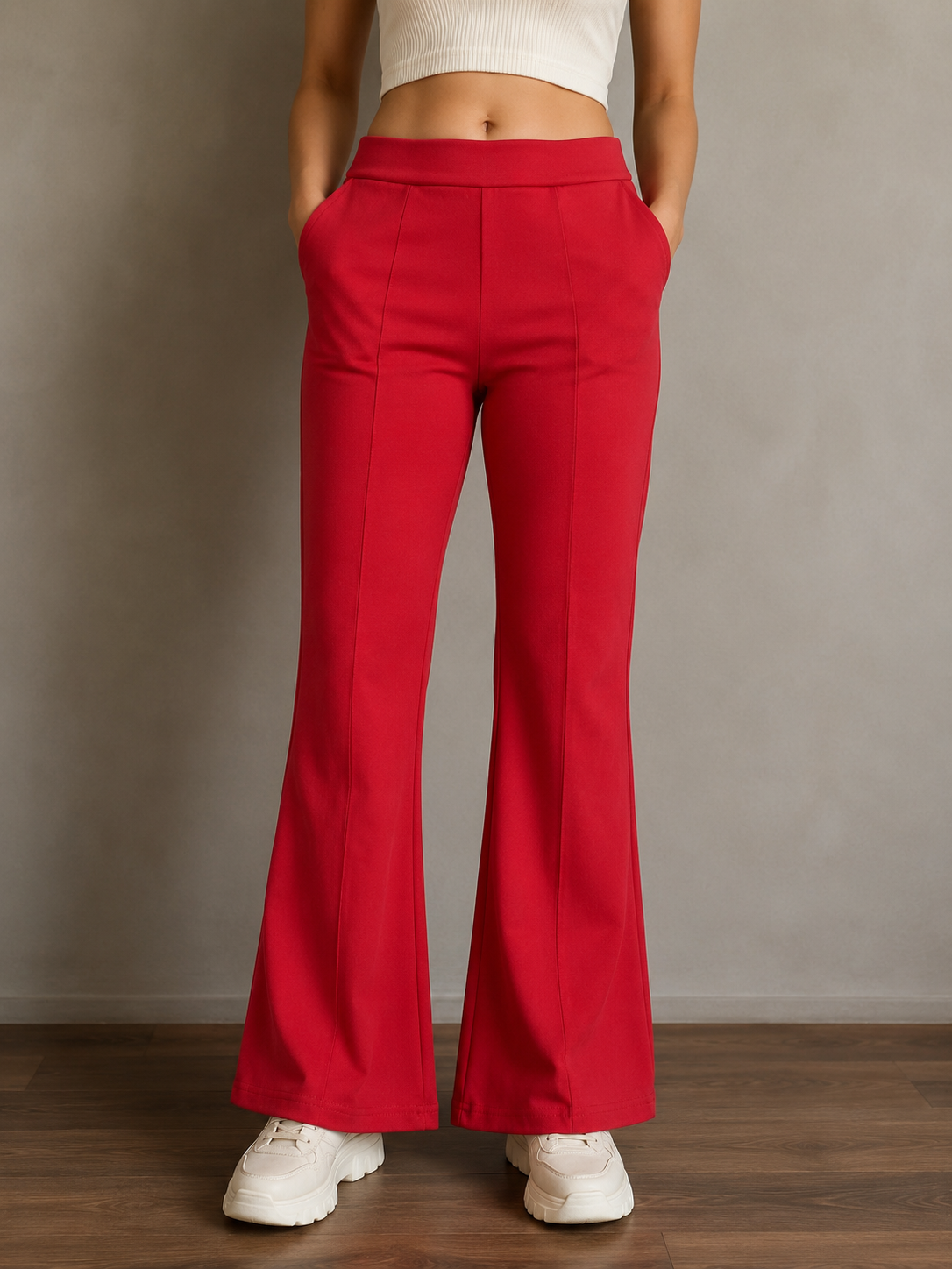 Red Bootcut Trousers | Women's High-Waist Flared Pants | Miss Kapachi