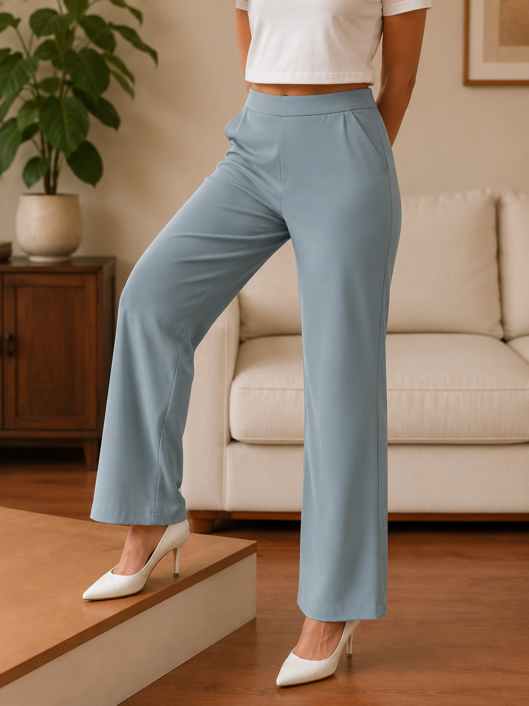 Women's Wide-Leg Trousers | Solid Colour High-Waist Pants with Pockets | Miss Kapachi