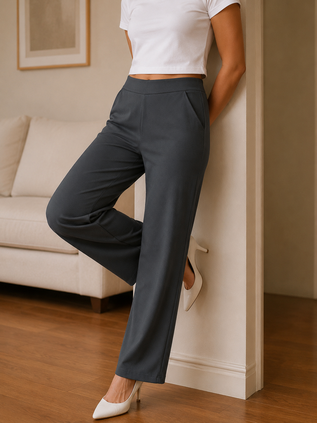 Women's Wide-Leg Trousers | Solid Colour High-Waist Pants with Pockets | Miss Kapachi
