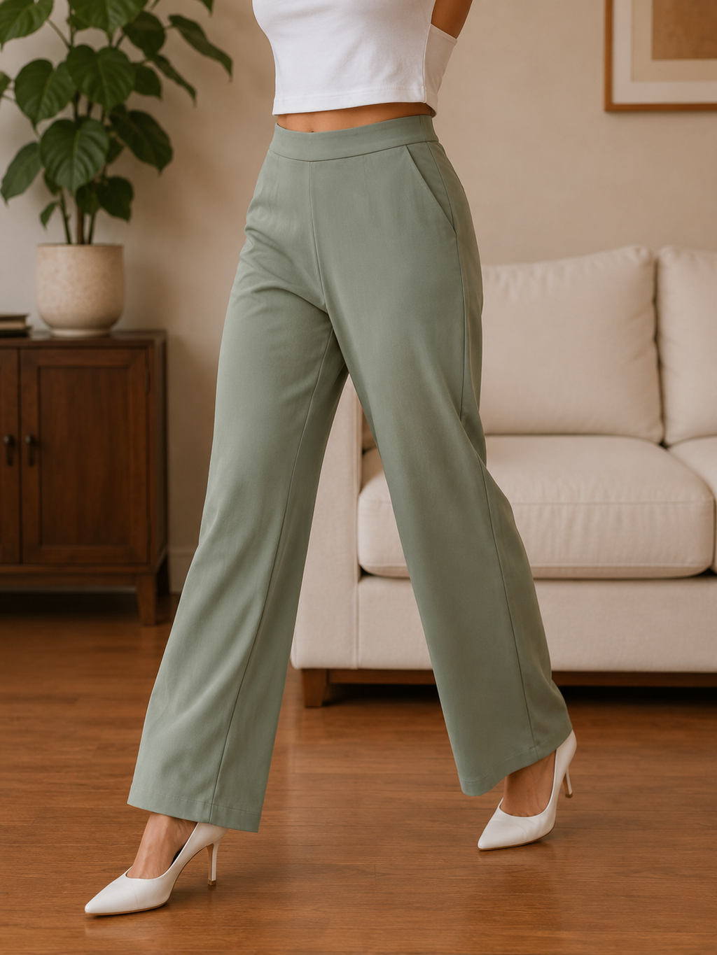 Women's Wide-Leg Trousers | Solid Colour High-Waist Pants with Pockets | Miss Kapachi