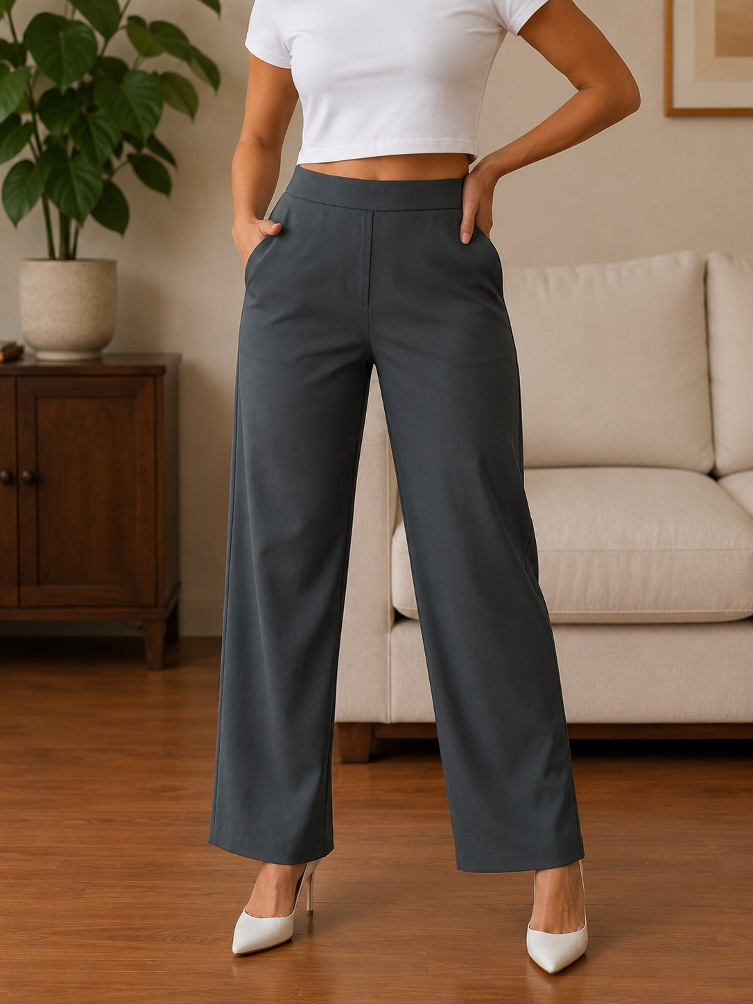 Women's Wide-Leg Trousers | Solid Colour High-Waist Pants with Pockets | Miss Kapachi