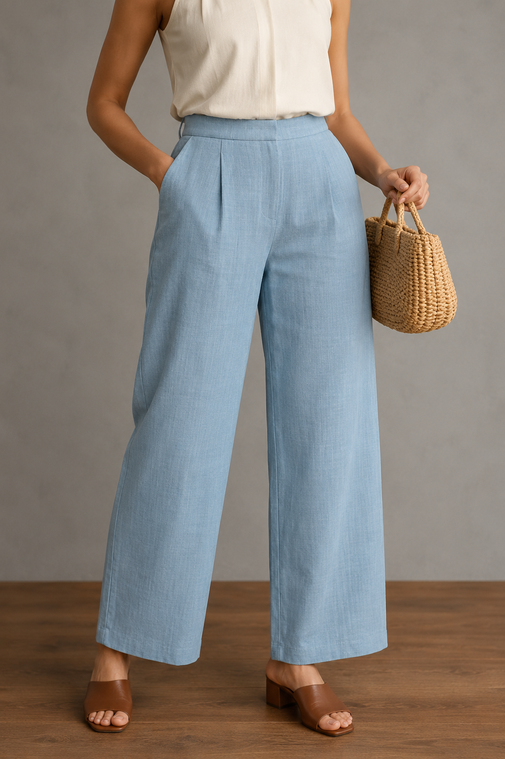 Pleated Straight-Leg Cropped Trousers for Women | Self-Tie Belt & Side Pockets | Miss Kapachi