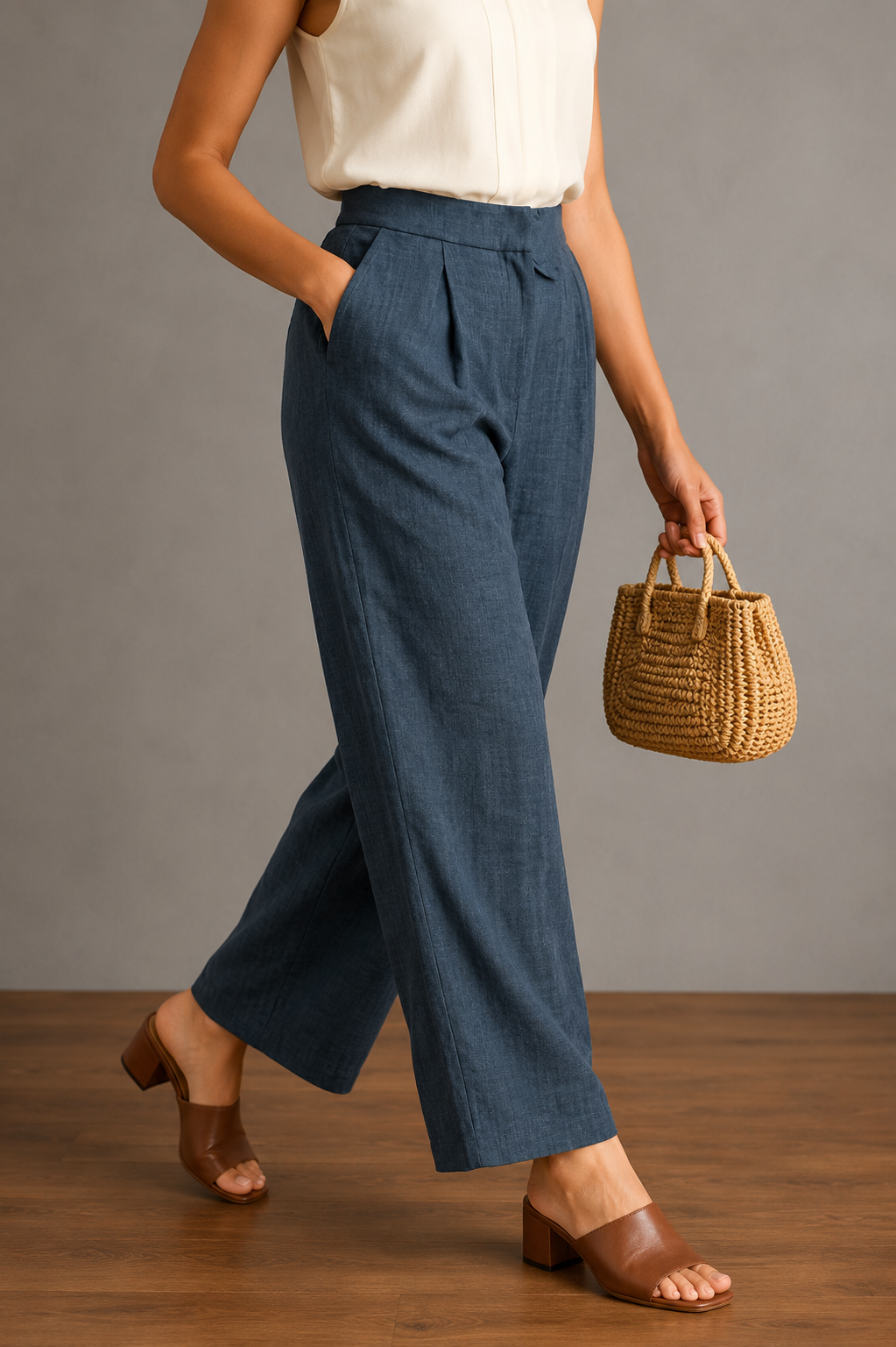 Pleated Straight-Leg Cropped Trousers for Women | Self-Tie Belt & Side Pockets | Miss Kapachi