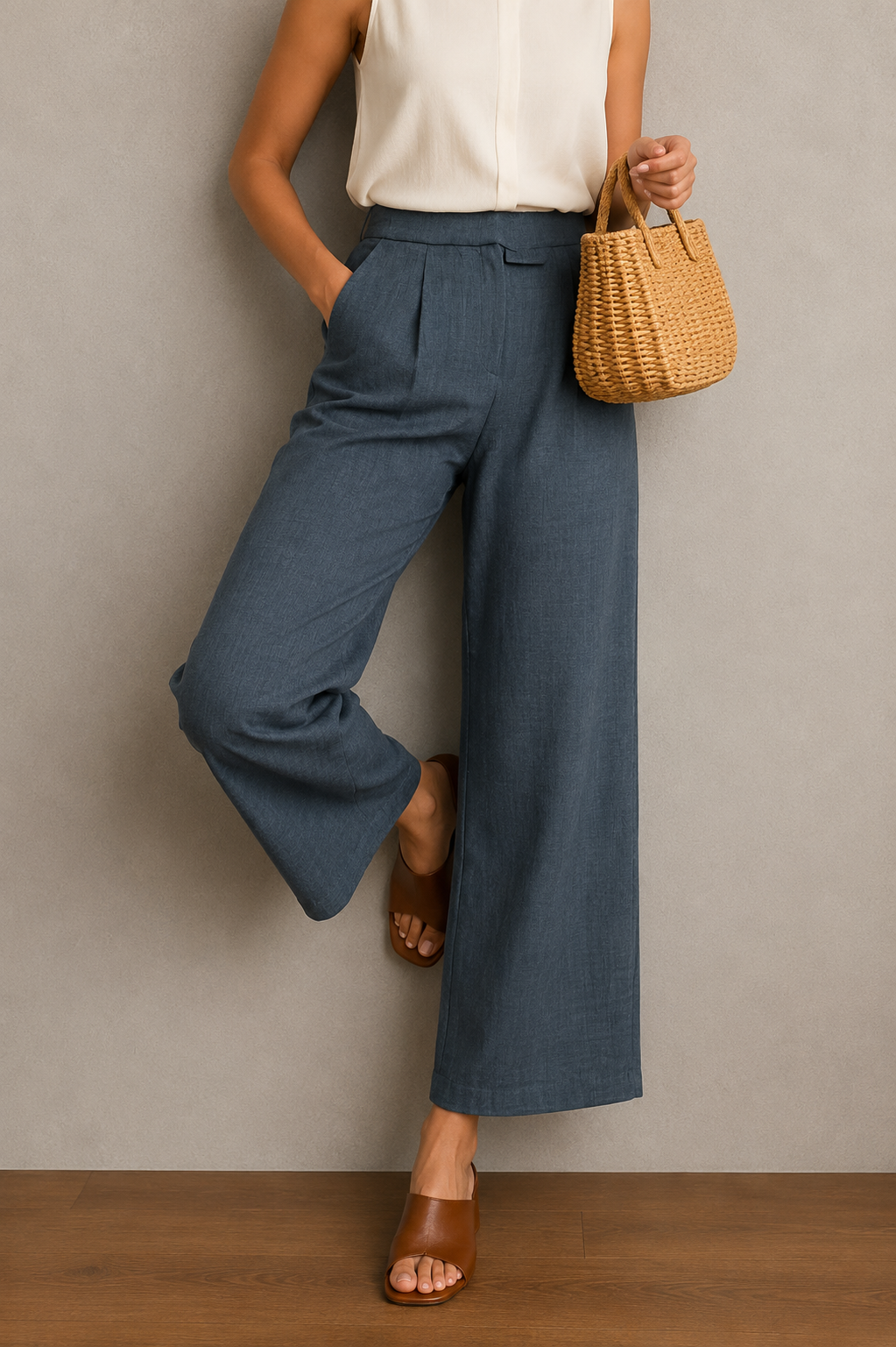 Pleated Straight-Leg Cropped Trousers for Women | Self-Tie Belt & Side Pockets | Miss Kapachi