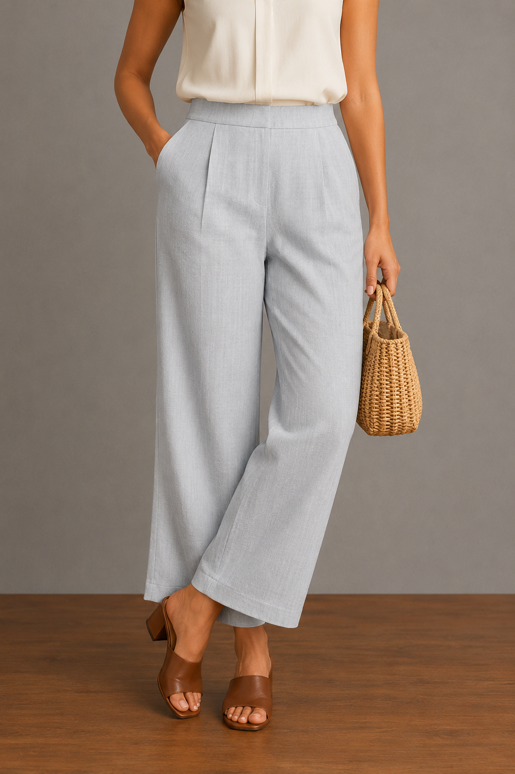 Pleated Straight-Leg Cropped Trousers for Women | Self-Tie Belt & Side Pockets | Miss Kapachi