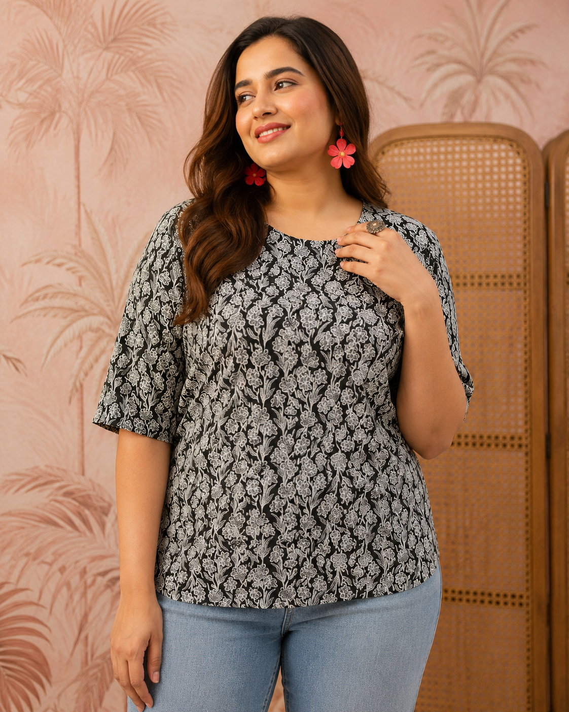 Floral Printed Top | Women's 3/4 Sleeve Ethnic Wear | Zero+1