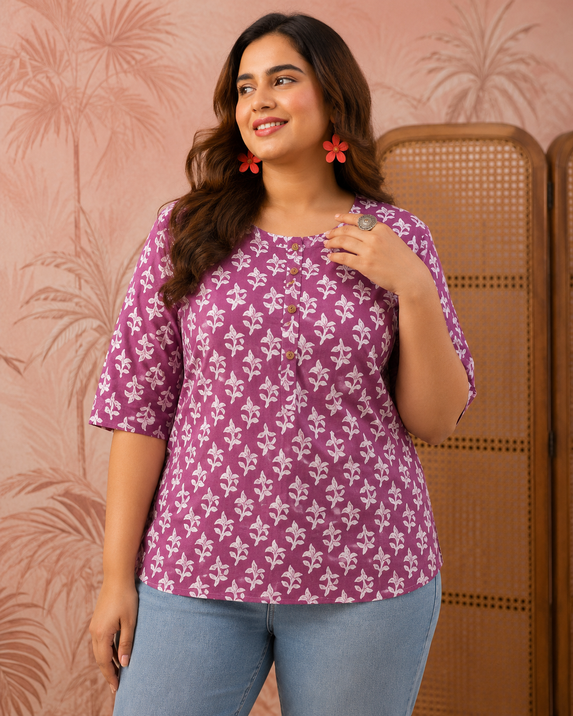 Floral Printed Top | Women's 3/4 Sleeve Casual Ethnic Wear | Zero+1