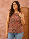 Ajrakh Geometric Block Print Sleeveless Top for Women Plus Size - Round Neck A-Line Curved Hem - Brick Red Maroon - Kapachi Clothing